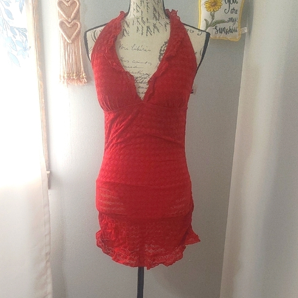 Jantzen Red Lace Overlay Halter Neck Swim Dress 14